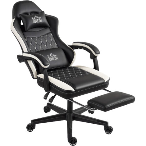 Gaming-Stuhl mit Fußstütze, Computerstuhl mit Kopfstütze & Kissen, Kunstleder-Bezug, drehbar, höhenverstellbar, Metall, Kunststoff, Schwarz+Weiß (1/5)