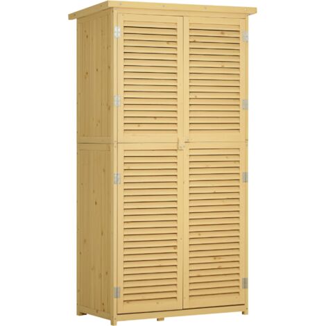Outsunny Gartenschrank Holz Geräteschuppen Gerätehaus mit Asphaltdach Lamellentür Geräteschrank Schuppen Garten 4 Fächer Naturholz 87 x 46,5 x 160 cm (1/5)