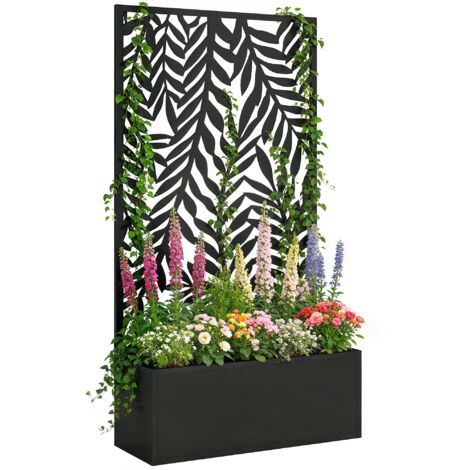 Blumenkasten mit Sichtschutz Pflanzkasten mit Rankgitter tropischen Blattmotiven 61 x 23 x 113 cm Schwarz