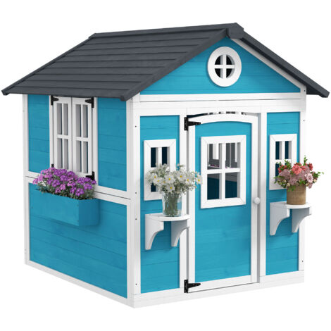 Kinderspielhaus, Holz-Spielhaus für Kinder, Outdoor-Gartenspielhaus mit Fenstern, Blumentöpfe, 3-8 Jahre, Blau (1/5)