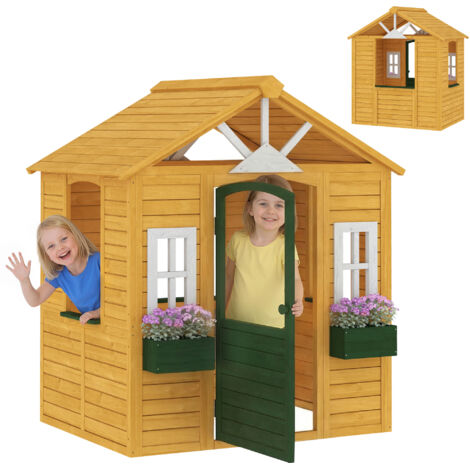 Kinderspielhaus Holz Spielhaus Outdoor mit Tür 3 Fenster 2 Blumenkästen für 3-8 Jahre Kinder 134,5 x 97 x 150 cm Braun (1/5)