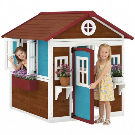 Kinderspielhaus, Holz-Spielhaus für Kinder, Outdoor-Gartenspielhaus mit Fenstern, Blumentöpfe, 3-8 Jahre, Blau (1/5)