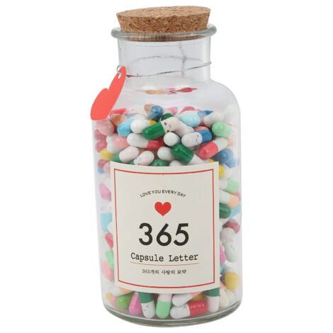 365 Botschaftskapseln – Wunschflasche aus Glas mit Kapselbuchstaben (mehrfarbig) – runde Form (1/5)