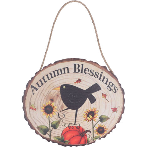 Hängendes Holzschild mit Kürbis-, Sonnenblumen- und Krähenmotiv zur Dekoration im Innen- und Außenbereich (1/5)