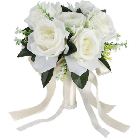Künstlicher Seidenbrautstrauß, milchweiße Rosen für das Brautoutfit (1/5)