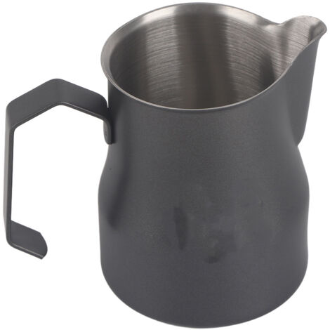 Milchkännchen aus Edelstahl 304 mit langem Ausguss und offenem Griff, 500 ml, ideal zum Aufschäumen von Milch zu Hause oder im Büro, silber-schwarze Farbe. (1/5)