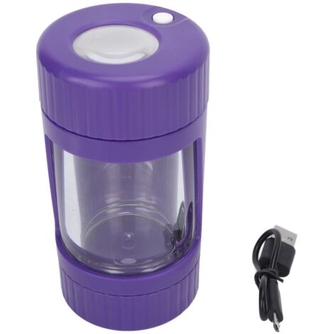 110 ml luftdichtes Aufbewahrungsglas mit Kräutermühle, LED-Licht und 8-facher Vergrößerungsglas, lila, für Tabak und Gewürze (1/5)
