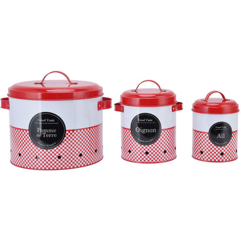 3-teiliges Aufbewahrungseimer-Set aus Metall mit großem Fassungsvermögen, rot und weiß, Küche, Landhausstil, Behälter für Süßigkeiten und Snacks (1/5)