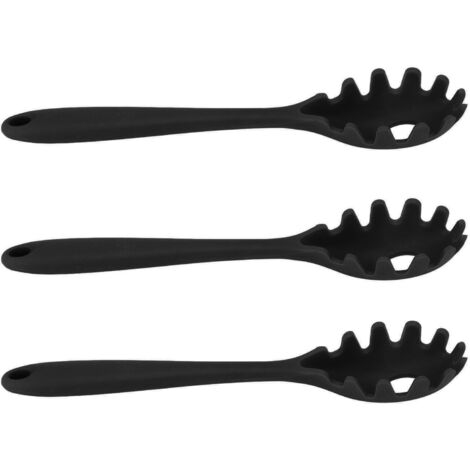 3-teiliges Set aus hitzebeständigem, lebensmittelechtem Silikon-Spaghettilöffel, multifunktionales Gabel- und Löffelset für Pasta, schwarze Küchenutensilien