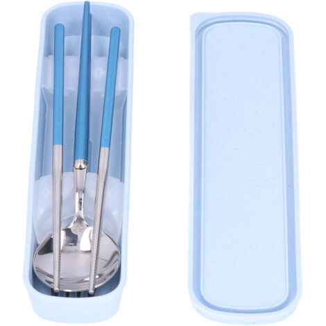 Tragbares Edelstahl-Besteckset mit Gabel, Löffel und Essstäbchen für Büro, Camping, Schule oder Picknick – Blau (1/5)