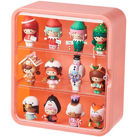 Transparente Aufbewahrungsbox für Figuren und Spielzeug mit rosa Staubschutzhülle (1/5)