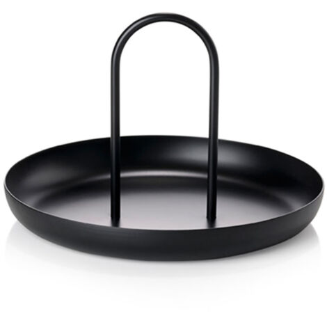 Rundes, schwarzes Serviertablett aus Metall mit Griff, moderner minimalistischer Stil, tragbares Aufbewahrungstablett für den Tisch.