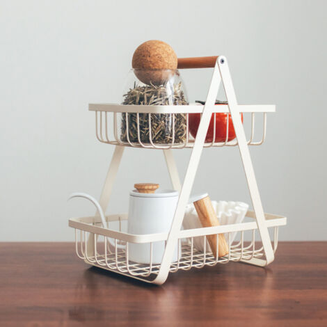 Zweistöckiger, abnehmbarer Aufbewahrungskorb aus Eisen und Holz für Obst und Gemüse, Regal für Küche, Wohnzimmer, Büro, weiß (1/5)