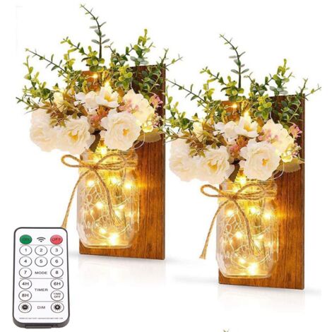 Zweiteilige Glaswandleuchten mit Lichterkette, LED-Fernbedienung und weißer Rose, rustikale Wohnzimmerdekoration (1/5)