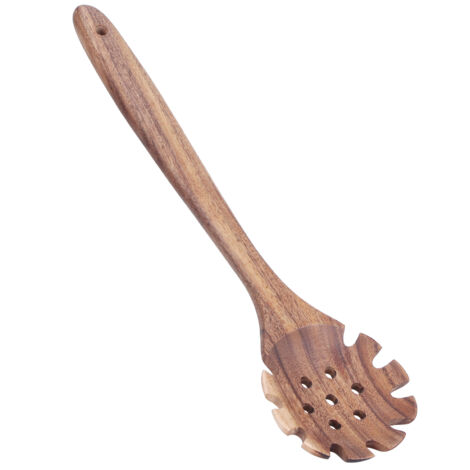 Küchenlöffel aus natürlichem Teakholz, lebensmittelechtes Nudelsieb aus Holz für kulinarische Zubereitungen (1/5)