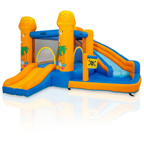 KiNDi DPZ012 Parco giochi gonfiabile con doppio scivolo acquatico e piscina 340x325x200 cm PVC, ventilatore 450W, per 3 bambini, multicolore
