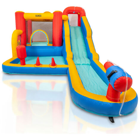 KiNDi DPZ011 Parco giochi gonfiabile con scivolo acquatico e lunga pista di scivolo 265x560x200 cm PVC, ventilatore 450W, per 3 bambini, multicolore