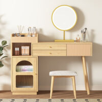 Ensemble coiffeuse, table de toilette avec miroir LED et éclairage 3 couleurs, coiffeuse en bois pour chambre ou studio - Dimensions : L 120/H 90/P 40 cm (sans tabouret)