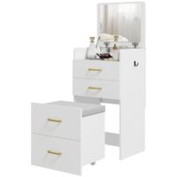Coiffeuse 3 en 1 avec miroir, table de chevet, tabouret à roulettes et tiroirs, blanche