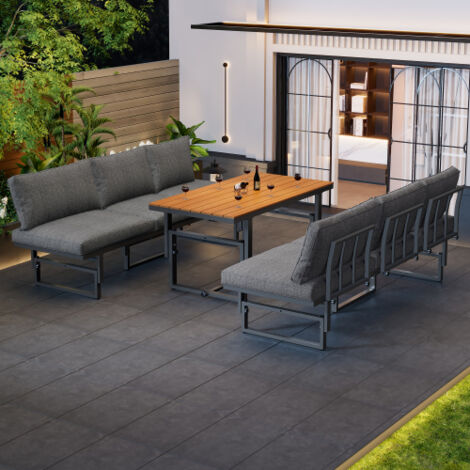 Ensemble de mobilier de jardin, structure en fer thermolaqué, dossier réglable, assises en bois d'acacia, table réglable, tous les coussins d'assise et de dossier inclus (1/5)