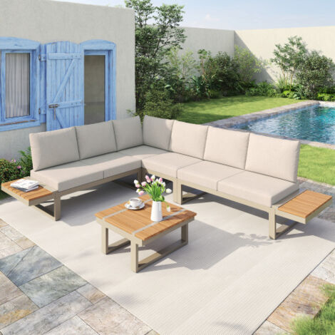 Ensemble de mobilier de jardin modulable, comprenant 2 chaises longues, disposition en angle, avec inclinaison réglable (5 positions, jusqu'à 55°), table basse et étagère de rangement (1/5)