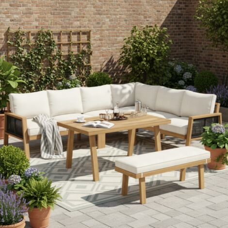 Ensemble de mobilier de jardin, canapé d'angle + table basse, structure en acacia, plateau en acacia, tressage artisanal, adapté au jardin, couleur naturel + crème (1/5)