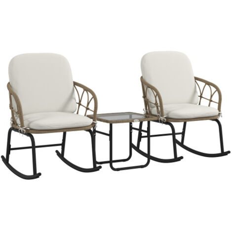 Ensemble de 3 meubles en rotin comprenant 2 fauteuils à bascule et 1 table basse, ensemble de mobilier de jardin avec coussins pour terrasse et balcon (1/5)