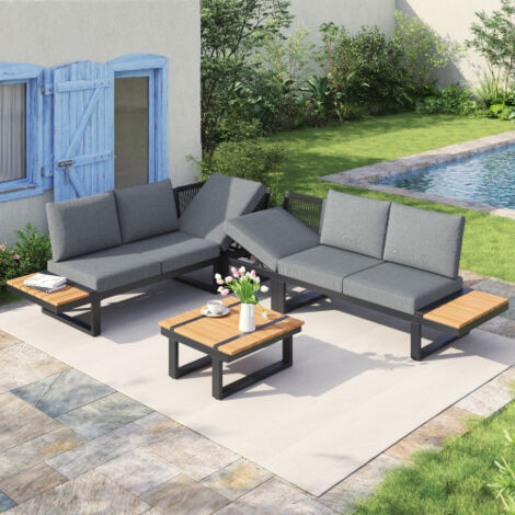 Ensemble de mobilier de jardin modulable, comprenant 2 chaises longues, disposition en angle, avec inclinaison réglable (5 positions, jusqu'à 55°), table basse et étagère de rangement (1/5)