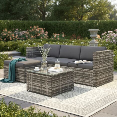 Ensemble de canapés de salon en polyrotin, mobilier de jardin de salon, canapé d'angle, ensemble de canapés avec coussins d'assise et de dossier, table de salon avec plateau en verre, gris (1/5)