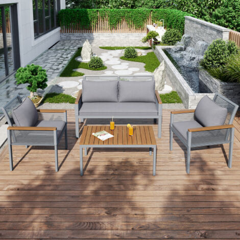 Ensemble de salon de jardin, ensemble de mobilier de jardin avec coussins confortables, canapé deux places, 2 fauteuils et une table, d'extérieur, en rotin, table et chaises, gris (1/5)