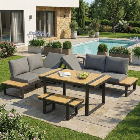 Ensemble de table et chaises de jardin, ensemble de mobilier de jardin, disposition en L, avec fonction d'inclinaison réglable (5 positions, jusqu'à 55°) (1/5)