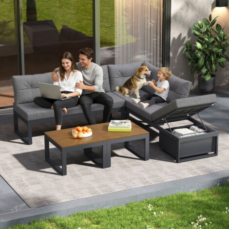 Ensemble de mobilier de jardin polyvalent, doté d'un dossier réglable sur 3 positions et d'une fonction d'inclinaison, avec des coussins d'assise rembourrés et confortables (1/5)