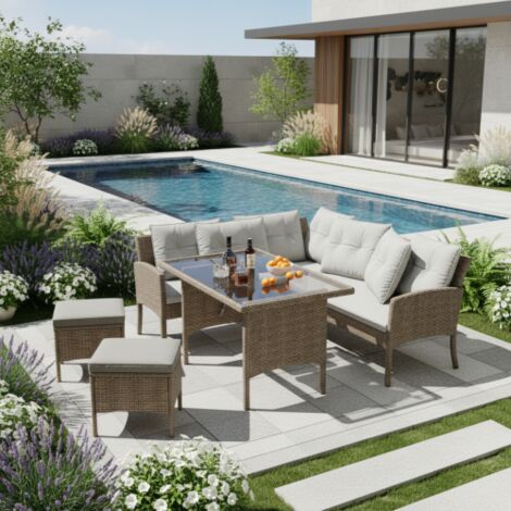 Ensemble de salon de jardin en résine tressée, comprenant une table, des chaises de jardin et un ensemble de mobilier de jardin, pour 7 personnes, avec canapé, table, tabourets et coussins (1/5)