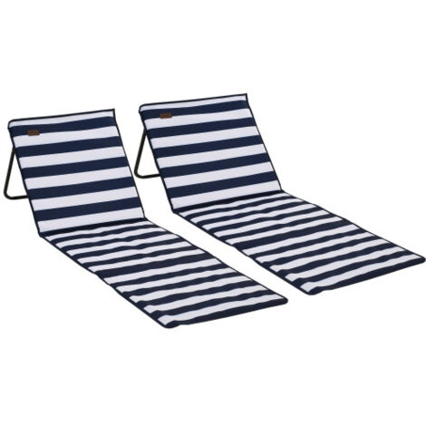 Lot de 2 transats de plage pliables et réglables, avec sac de transport et pochette pour magazines, en acier et tissu Oxford bleu et blanc (1/5)