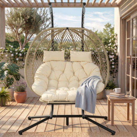 Fauteuil à bascule en forme d'œuf, fauteuil suspendu avec support, fauteuil suspendu de jardin, coussin d'assise et coussins, repose-pieds, usage intérieur/extérieur, fauteuil à bascule double