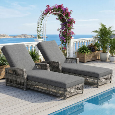 Chaise longue d'extérieur en rotin (2 pièces), chaise longue résistante aux intempéries avec dossier réglable, chaise longue de jardin avec coussin amovible, pour terrasse, balcon, bord de piscine, gr (1/5)