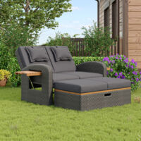 Ensemble de chaises de jardin pour deux personnes, en rotin gris, avec dossier réglable, chaises longues d'extérieur avec pieds de soutien, livrées avec coussins de dossier et d'assise