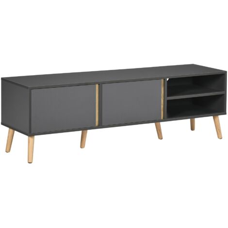 Meuble TV de style nordique, adapté aux téléviseurs jusqu'à 55 pouces, design à double porte, deux étagères avec gestion des câbles, dimensions 150 x 35 x 45 cm, gris foncé. (1/5)