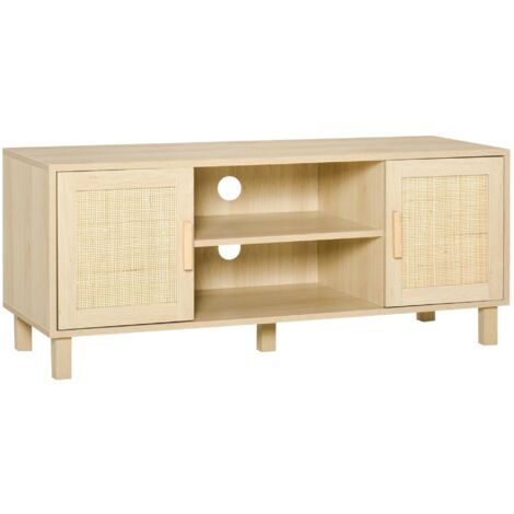 Meuble TV/banc avec 2 étagères et 2 placards, portes en rotin, dimensions : 115 cm (L) x 40 cm (l) x 48 cm (H), MDF plaqué bois clair. (1/5)