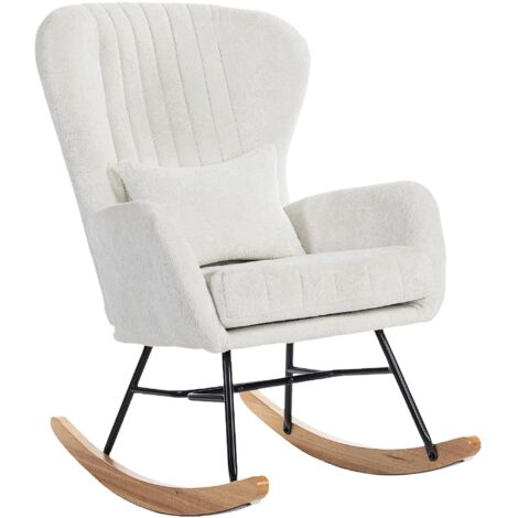 Un fauteuil à bascule rembourré avec une assise moelleuse et un dossier haut, mesurant 67 x 88 x 104 cm, de couleur blanche. (1/5)
