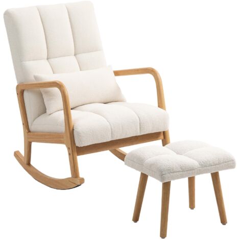 Fauteuil à bascule avec reposepied, housse en polaire, dossier haut, pieds en bois, coussinets pour les pieds, blanc (1/5)