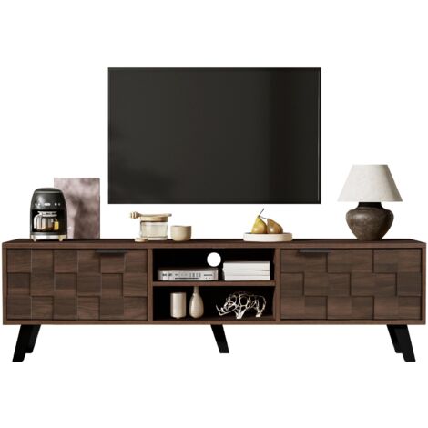 Meuble TV moderne, bois foncé, deux portes d'armoire, deux étagères ouvertes - 160,5 x 35,5 x 45 cm, convient pour le salon, la chambre, etc. (1/5)