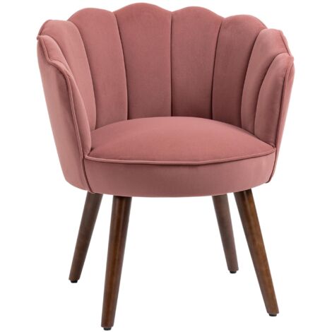 Fauteuil en velours rose, dossier en forme de coquillage et pieds en bois, idéal pour le salon et la chambre. 66 x 66 x 78,5 cm. Rose. (1/5)