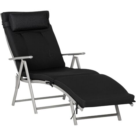 Chaise longue pliante/de plage avec appui-tête et coussin, dossier réglable en 7 positions, chaise longue de jardin/de relaxation, capacité de poids jusqu'à 165 kg, noire. (1/5)