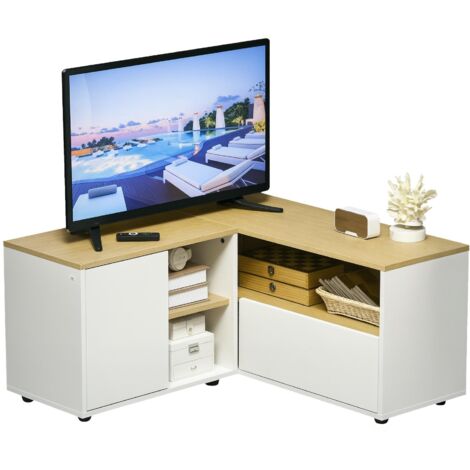 Meuble TV d'angle/banquette pour téléviseurs de 40 pouces et moins, avec espace de rangement, finition bois clair et blanche. (1/5)