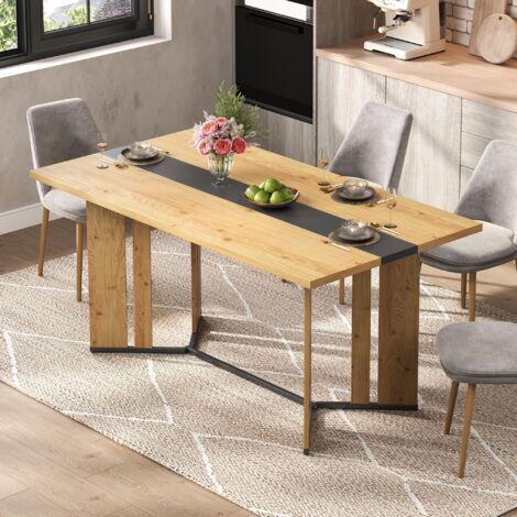 Table de salle à manger en bois de style nordique, 150 cm, avec plateau en chêne veiné, plateau de 2,8 cm d'épaisseur, avec tapis antidérapant, imperméable et résistant aux rayures. (1/5)