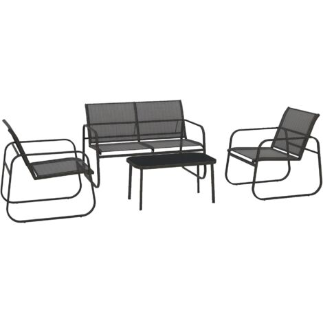 Ensemble de mobilier de jardin 4 pièces, 2 fauteuils, canapé 2 places, table avec plateau en verre, tissu respirant, structure en métal, noir (1/5)