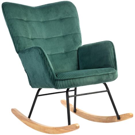 Fauteuil à bascule avec rails coulissants en bois de hêtre, coussins épais et moelleux, couleur vert foncé et capacité de charge jusqu'à 120 kg. (1/5)