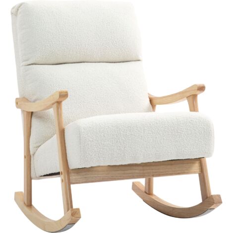 Le fauteuil à bascule est doté d'une assise en velours et d'un dossier ergonomique, supporte jusqu'à 120 kg, mesure 65 x 90 x 98 cm et est de couleur blanc cassé. (1/5)