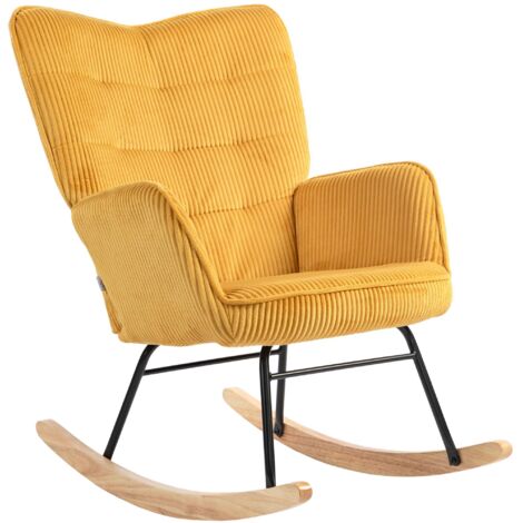 Fauteuil à bascule rétro, rails coulissants incurvés, coussin épais, bois de hêtre et acier, capacité de poids maximale 120 kg, jaune. (1/5)